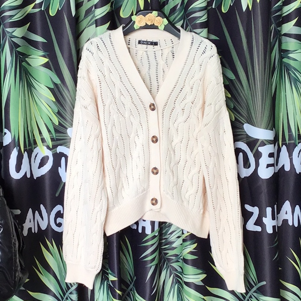 Zanzea Cream Cable Knit Cardigan Sweater